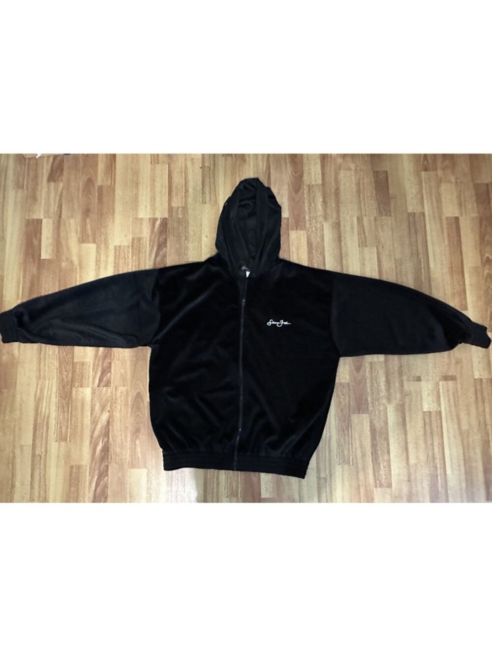Mens Black Full-Zip Hooded Jacket Polyester Embroidered Logo (Sean Jean)